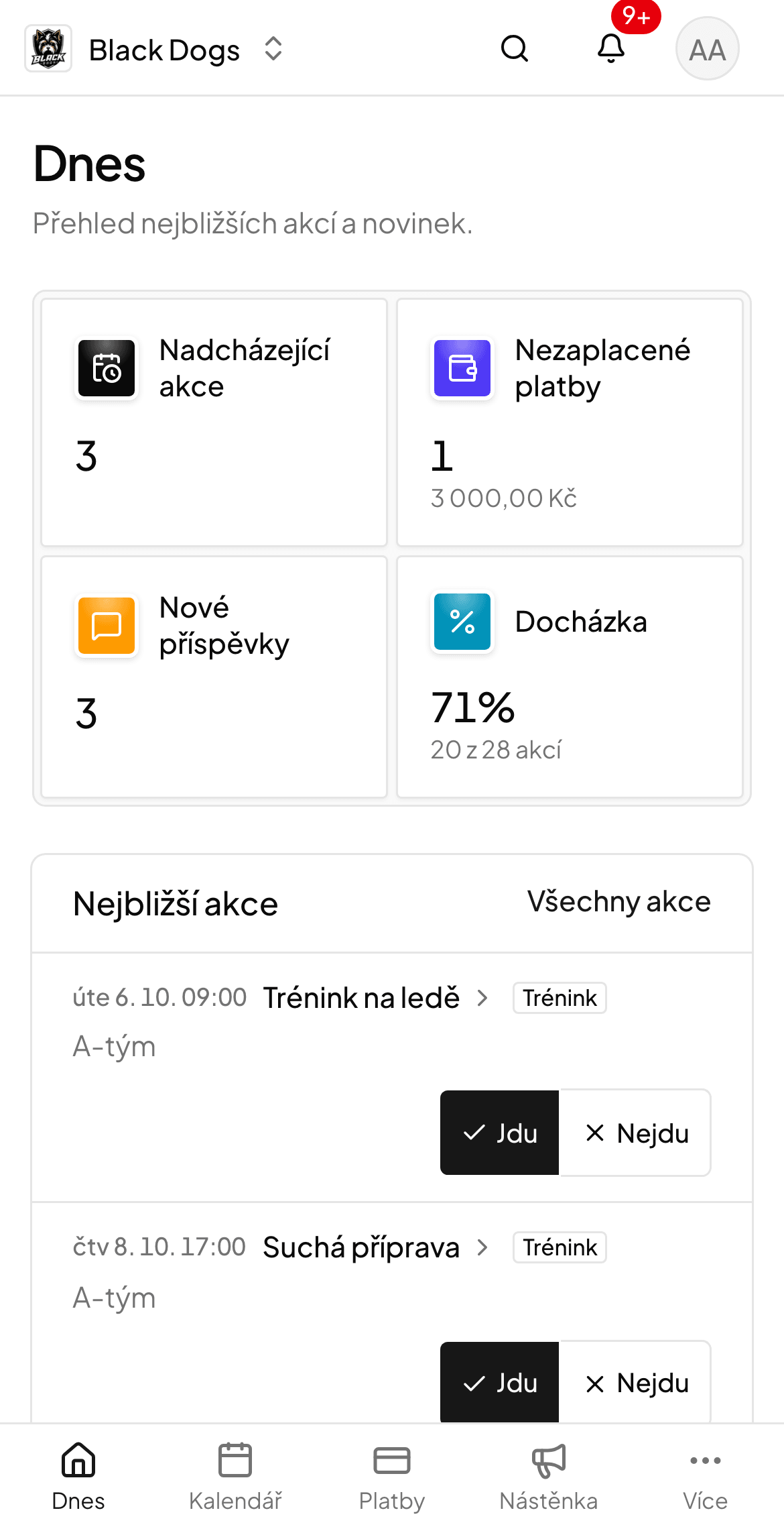 Mobilní přehled dne pro rodiče: nadcházející trénink, platby a docházka.